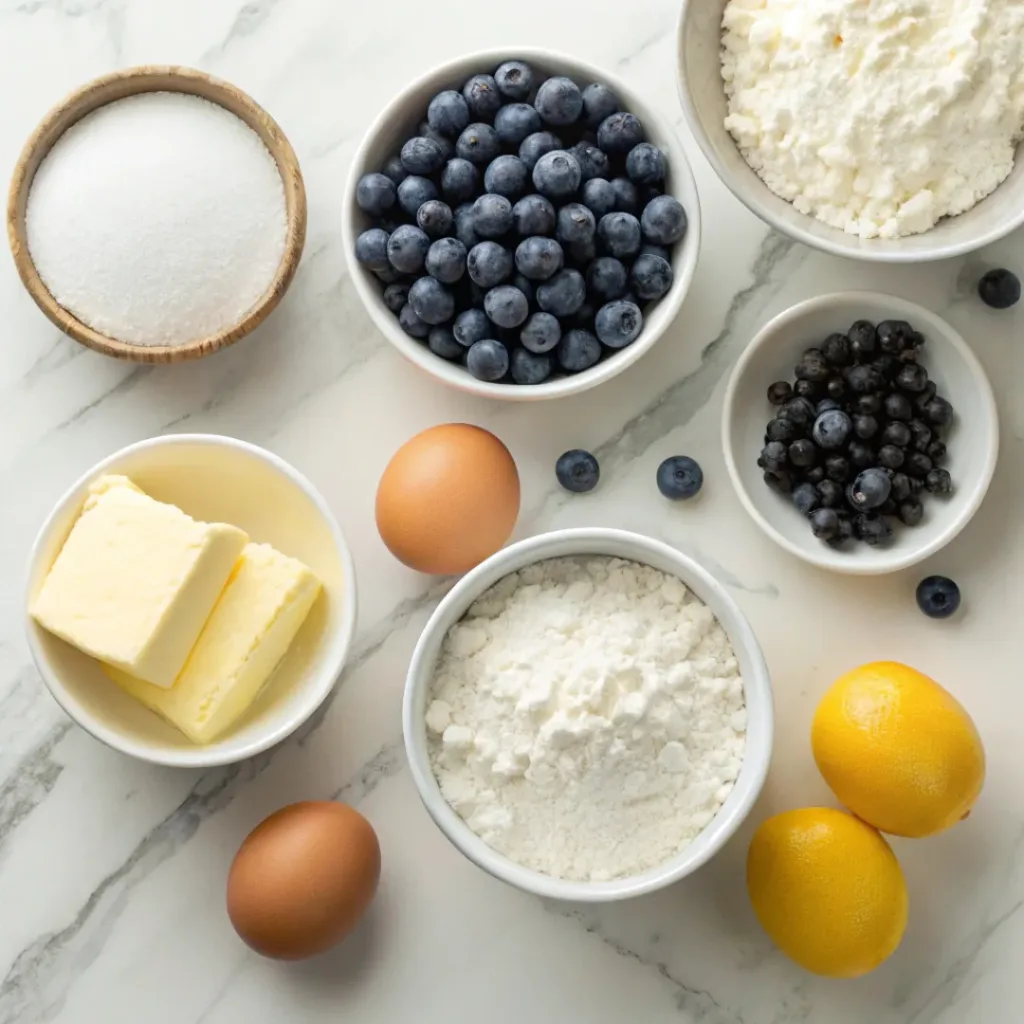 Flat lay of ricotta, blueberries, eggs, butter, and baking ingredients