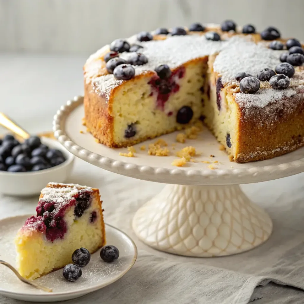 Home 7 Blueberry ricotta cake with fresh blueberries and powdered sugar topping