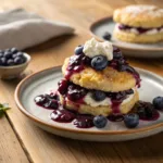 Blueberry shortcake with whipped cream and blueberry compote