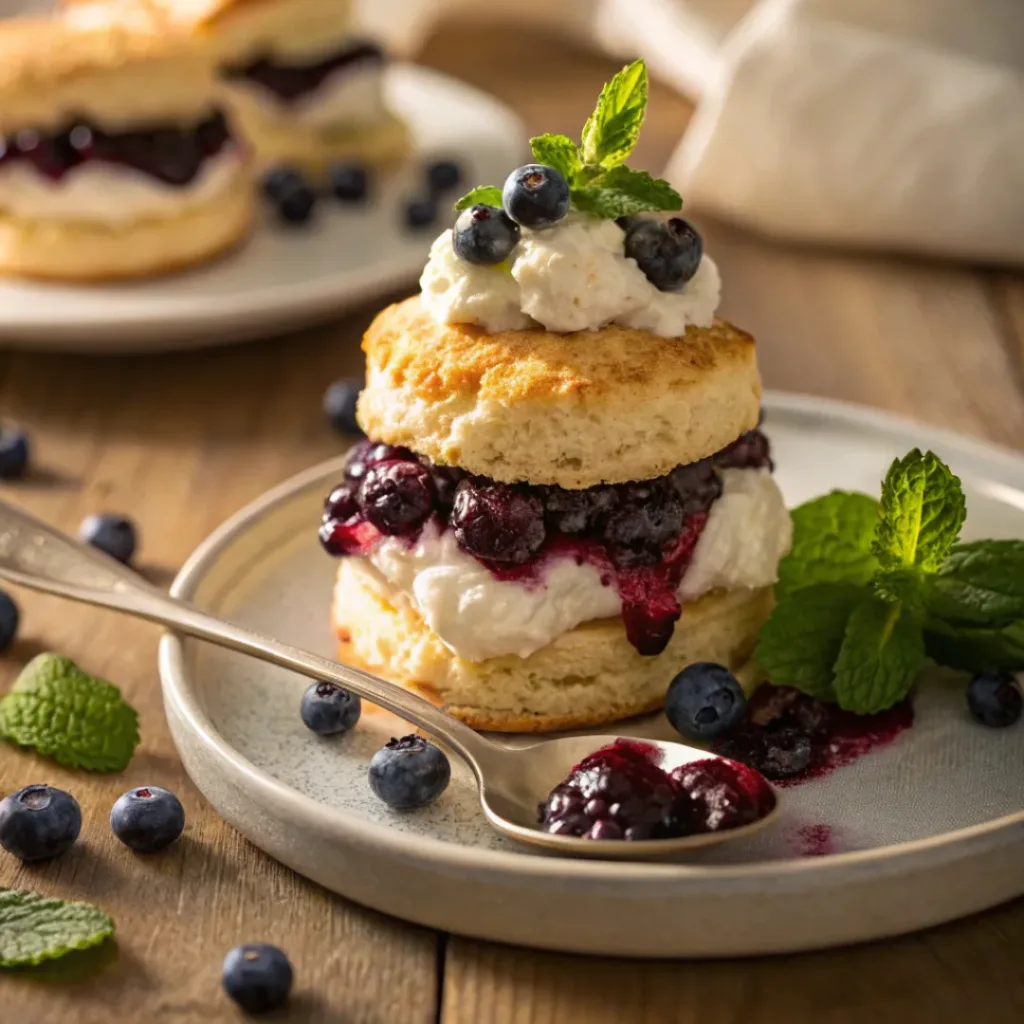 Blueberry Shortcake – Fluffy, Fruity & Creamy Classic Dessert 8 Blueberry shortcake with whipped cream and blueberry sauce
