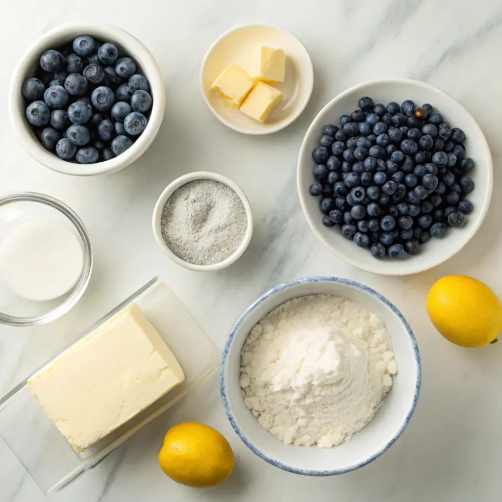Blueberry Shortcake – Fluffy, Fruity & Creamy Classic Dessert 6 Flat lay of blueberries, flour, butter, cream, and baking ingredients