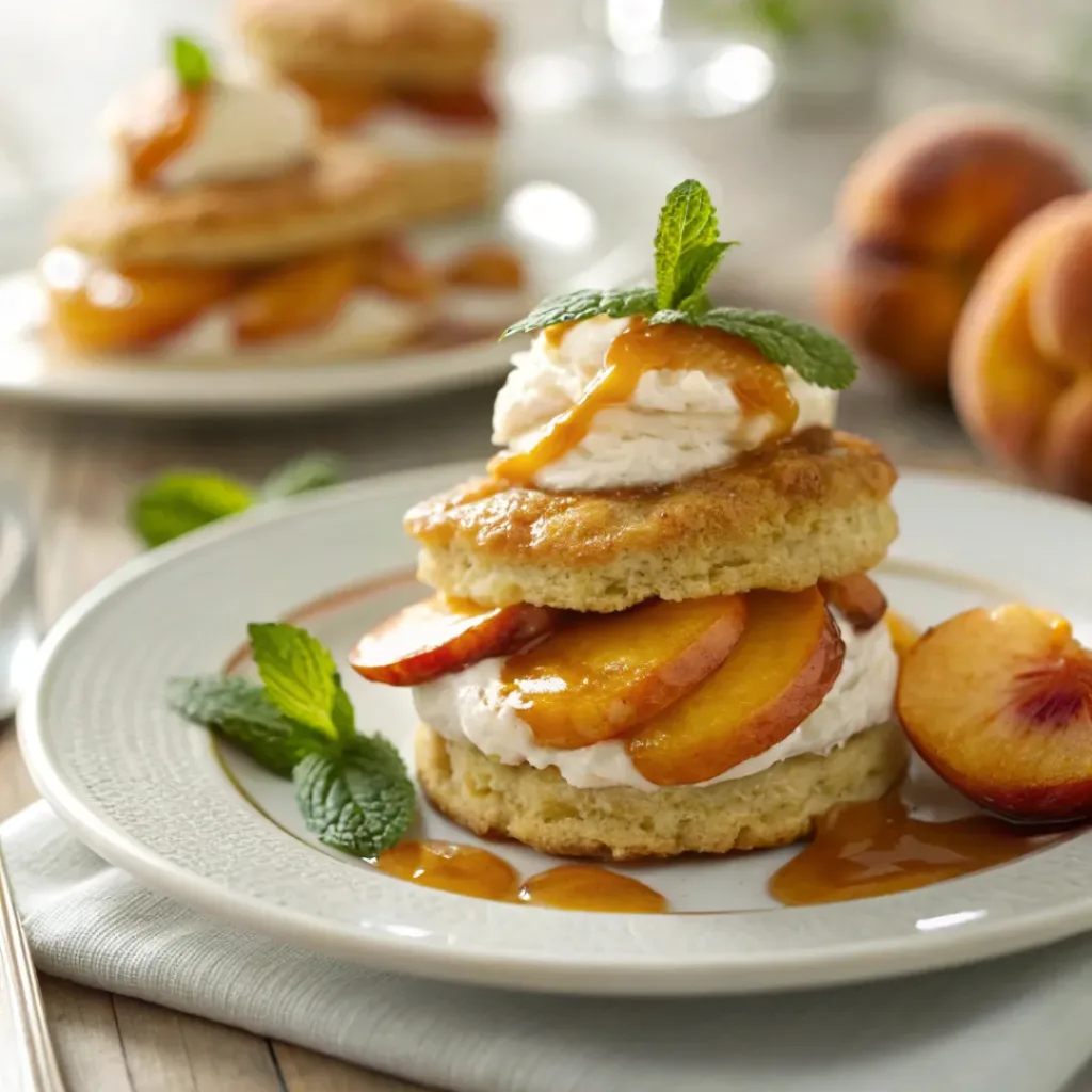 Peach shortcakes with whipped cream and brown sugar glaze