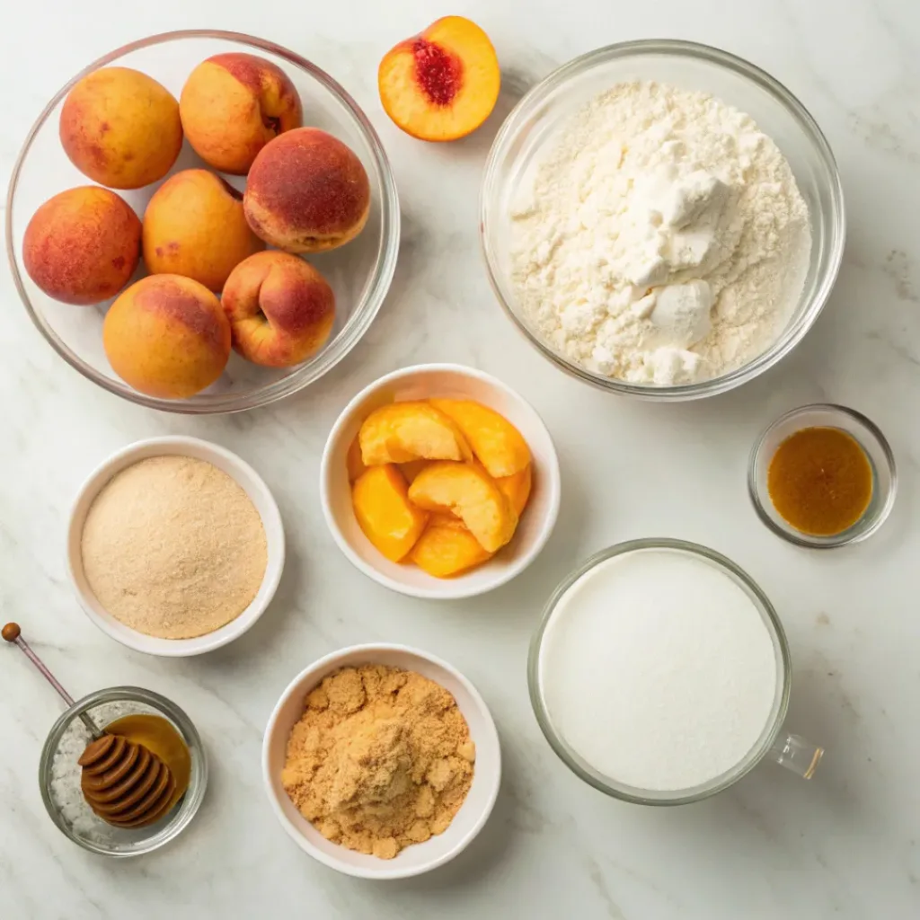 Flat lay of peaches, brown sugar, flour, butter, and whipped cream