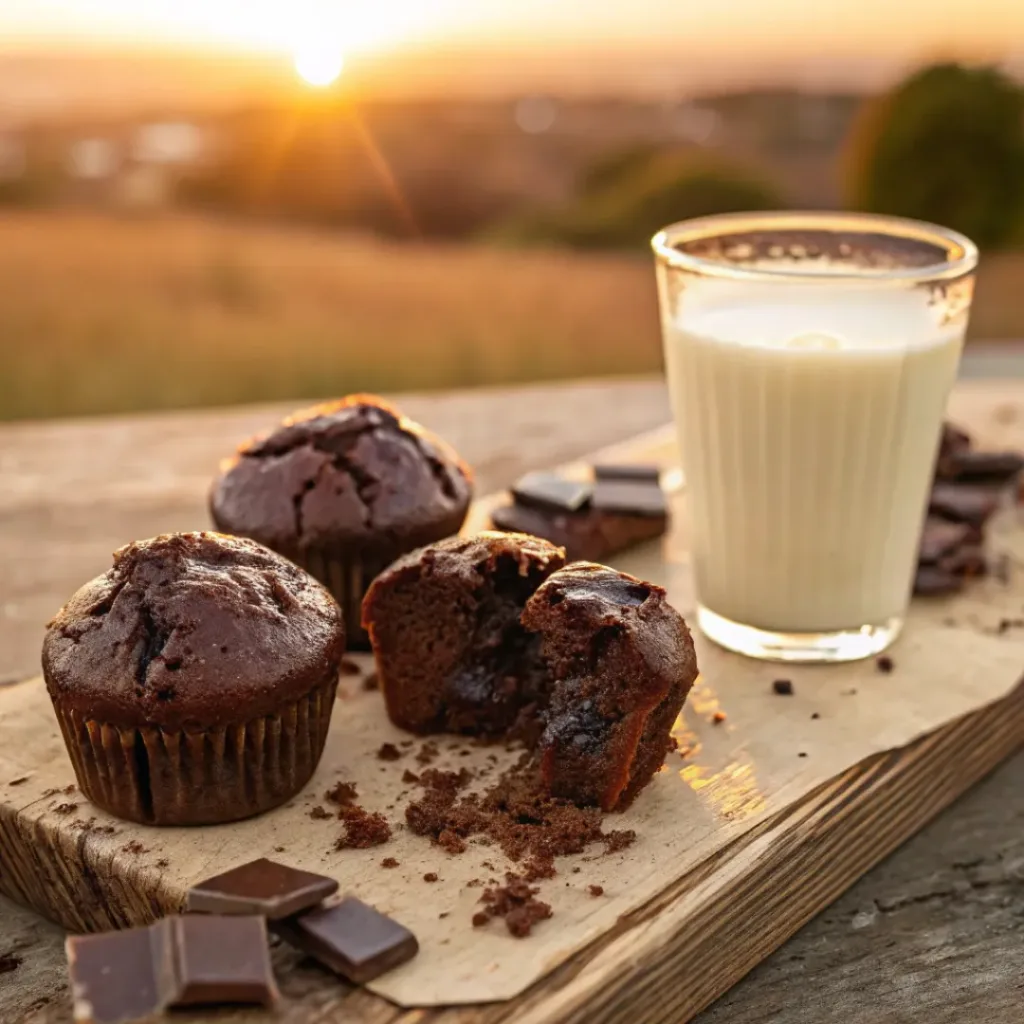 Fudgy brownie muffins with crackly tops and melted chocolate center