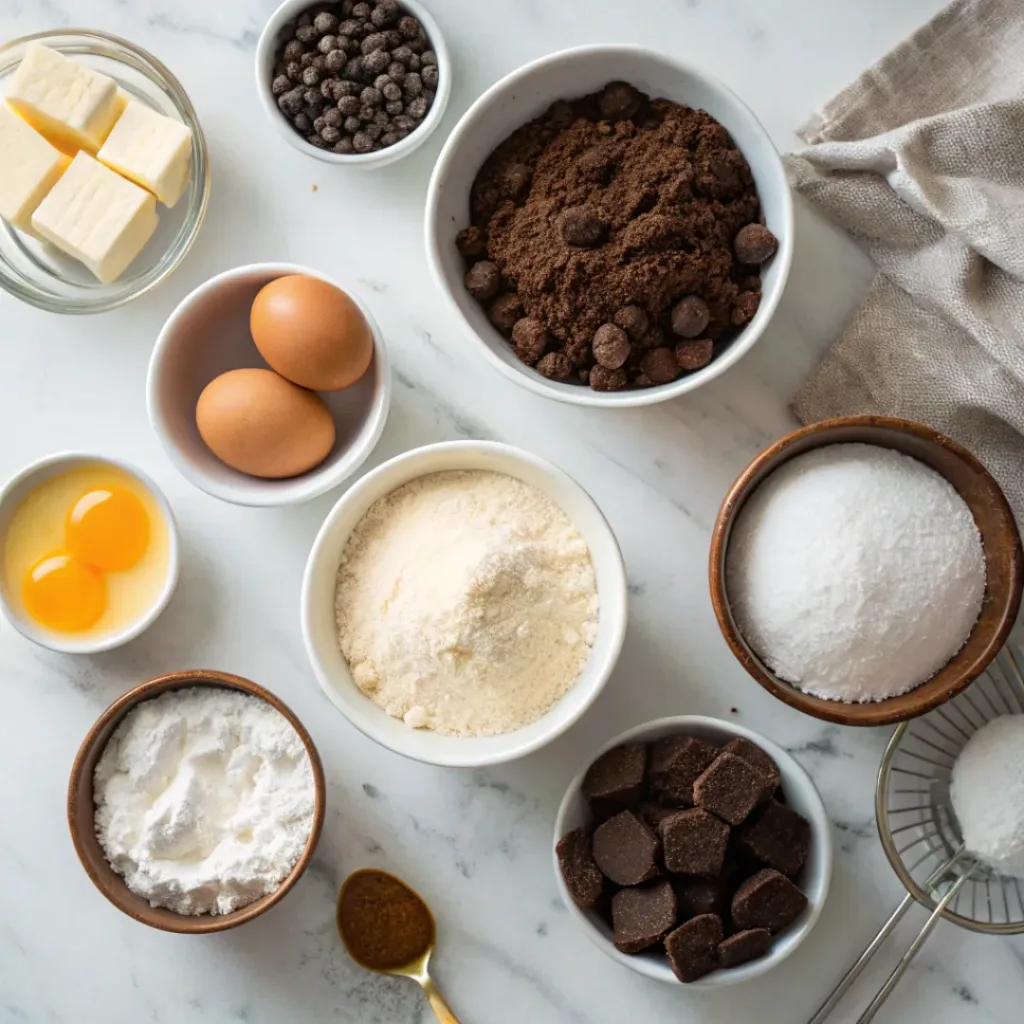 Flat lay of cocoa powder, chocolate, eggs, butter, and baking ingredients