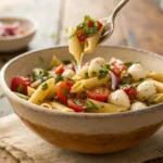 Pasta salad with tomatoes, basil, mozzarella, and balsamic glaze