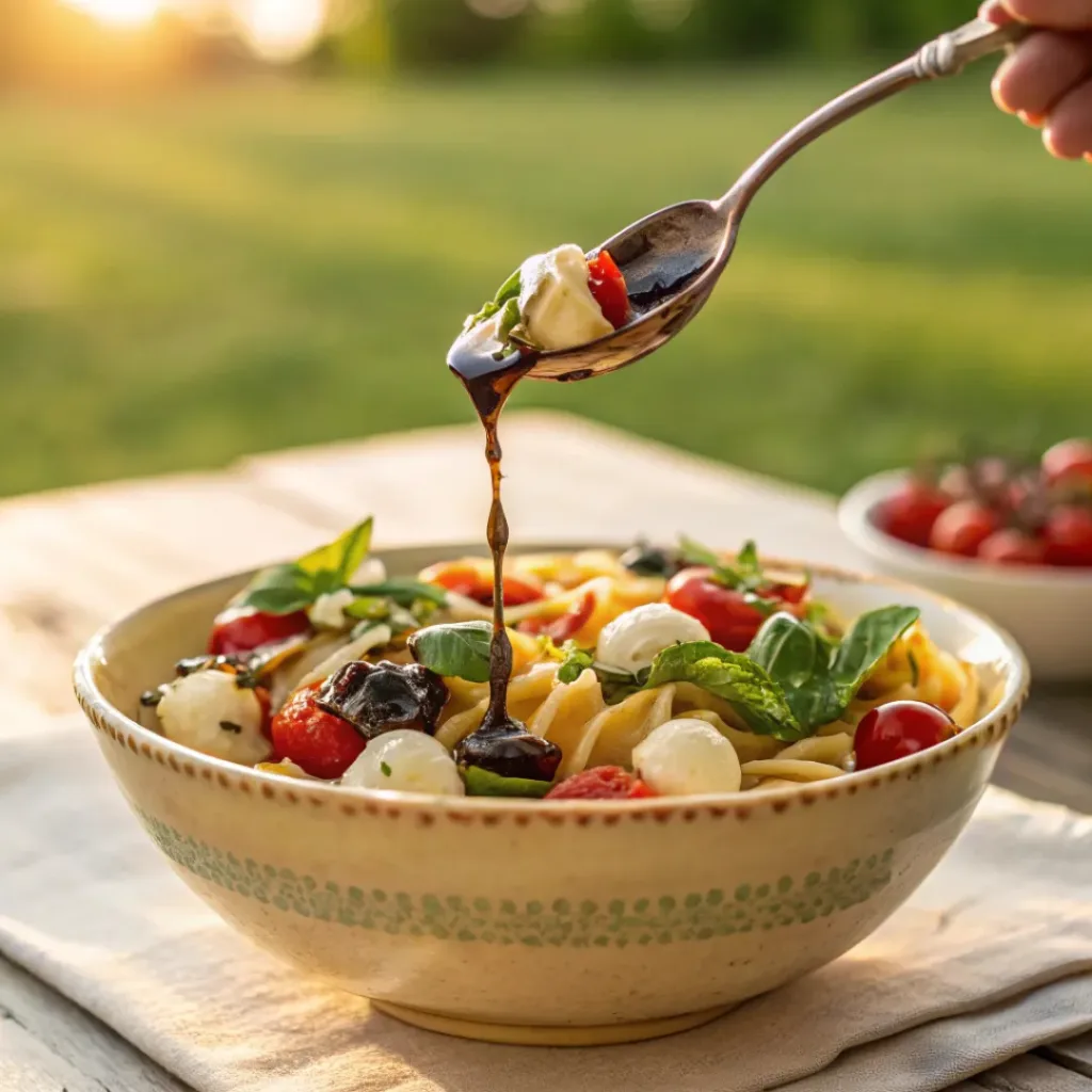 Fresh pasta salad with tomatoes, basil, mozzarella, and croutons