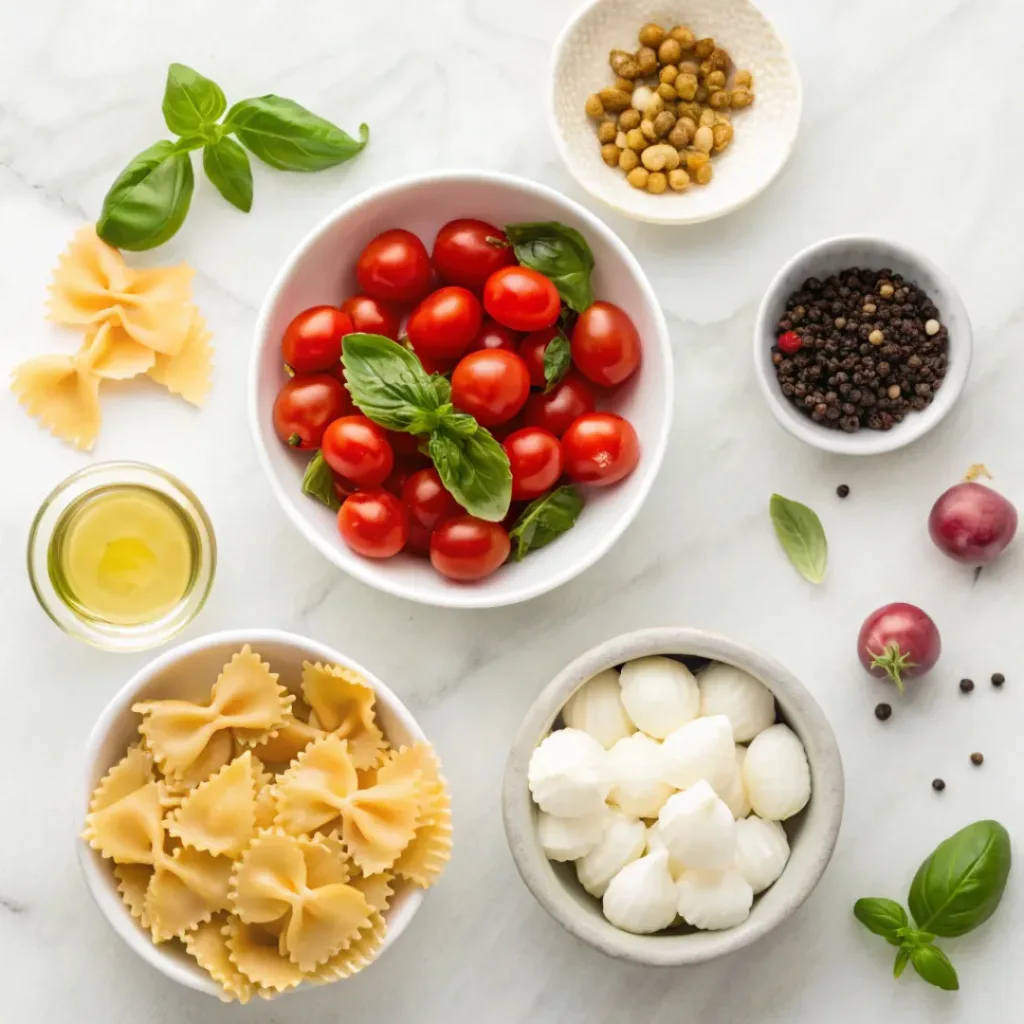 Flat lay of pasta, tomatoes, basil, mozzarella, and balsamic ingredients