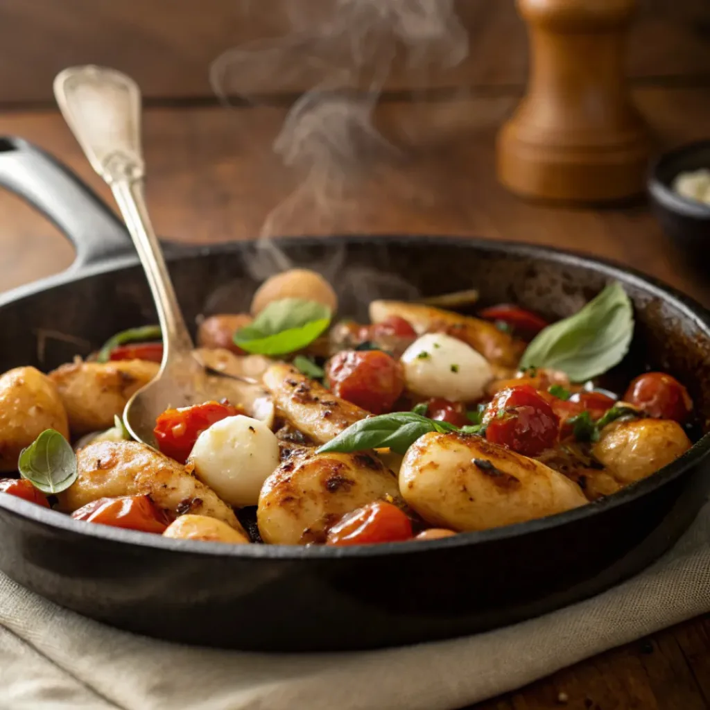 One-pan chicken gnocchi skillet with mozzarella and basil