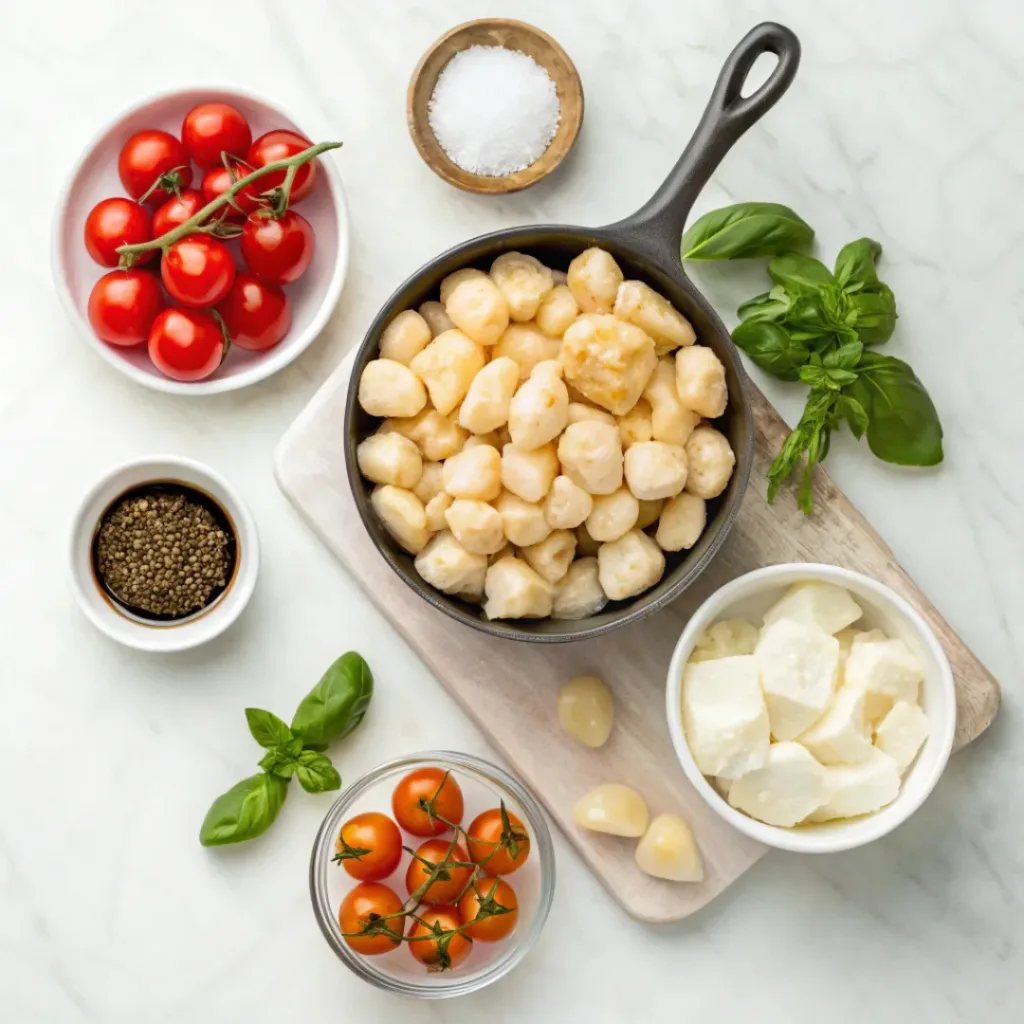 Flat lay of chicken, gnocchi, tomatoes, mozzarella, and basil