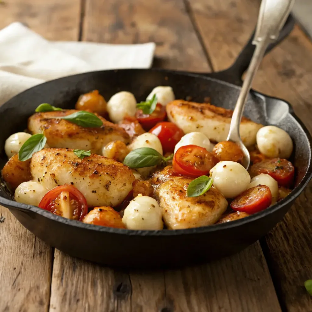 Chicken gnocchi skillet with mozzarella, tomatoes, and basil