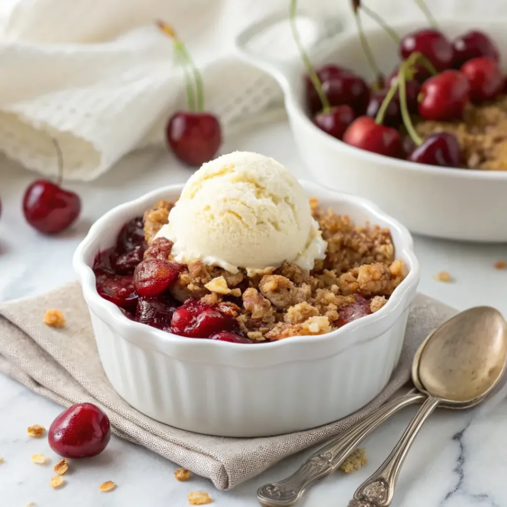 Warm Cherry Crisp - Golden Oat Topped Summer Bakery Dessert 8 Warm cherry crisp topped with vanilla ice cream and served with fresh cherries and a golden oat crumble.