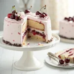 Cherry ice cream cake with whipped cream frosting and fresh cherries