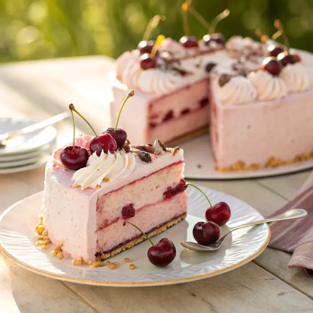 Cherry Ice Cream Cake – Perfect Celebration Frozen Dessert 8 Slice of cherry ice cream cake with fresh cherries and whipped cream