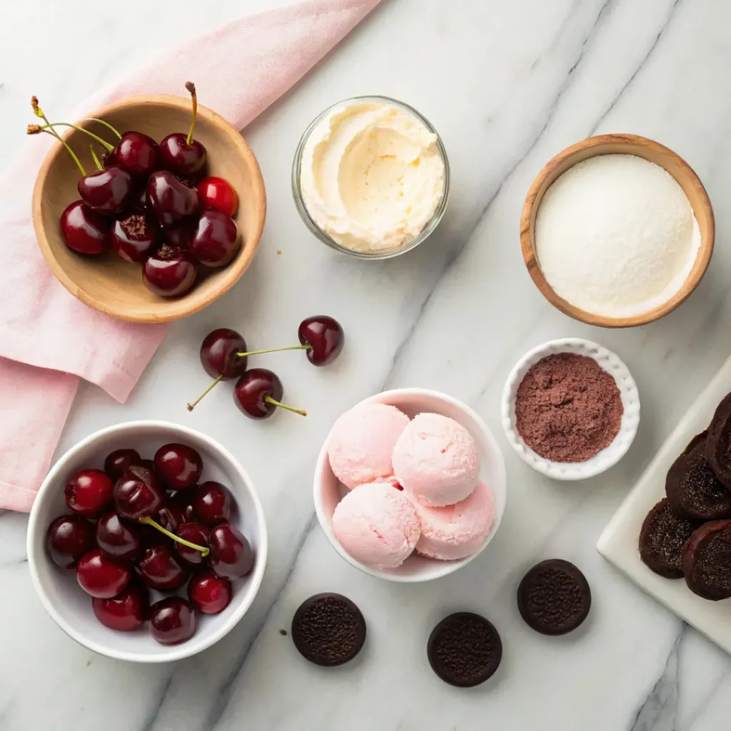 Cherry Ice Cream Cake – Perfect Celebration Frozen Dessert 6 Flat lay of cherries, ice cream, whipped cream, and cookie crust ingredients