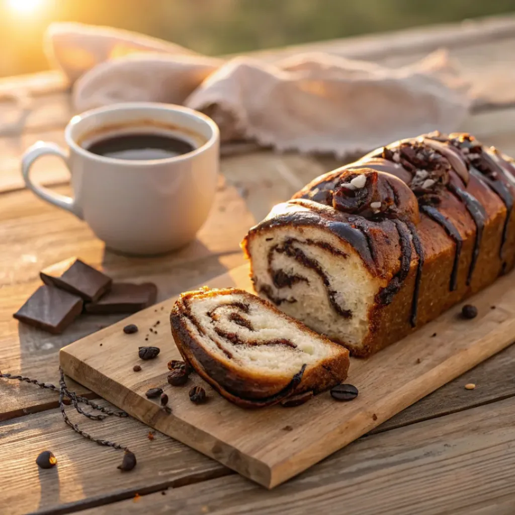 Chocolate Babka – Rich, Swirled & Bakery-Style Bread 8 Sliced chocolate babka showing rich chocolate swirls and soft bread texture