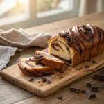 Chocolate babka loaf with twisted chocolate-filled layers
