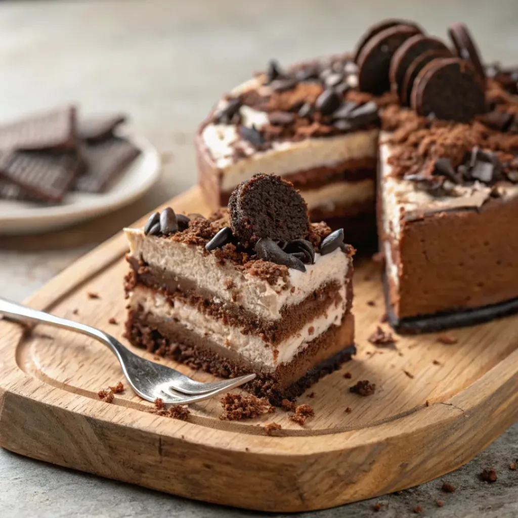 Slice of chocolate icebox cake with wafer layers and chocolate cream