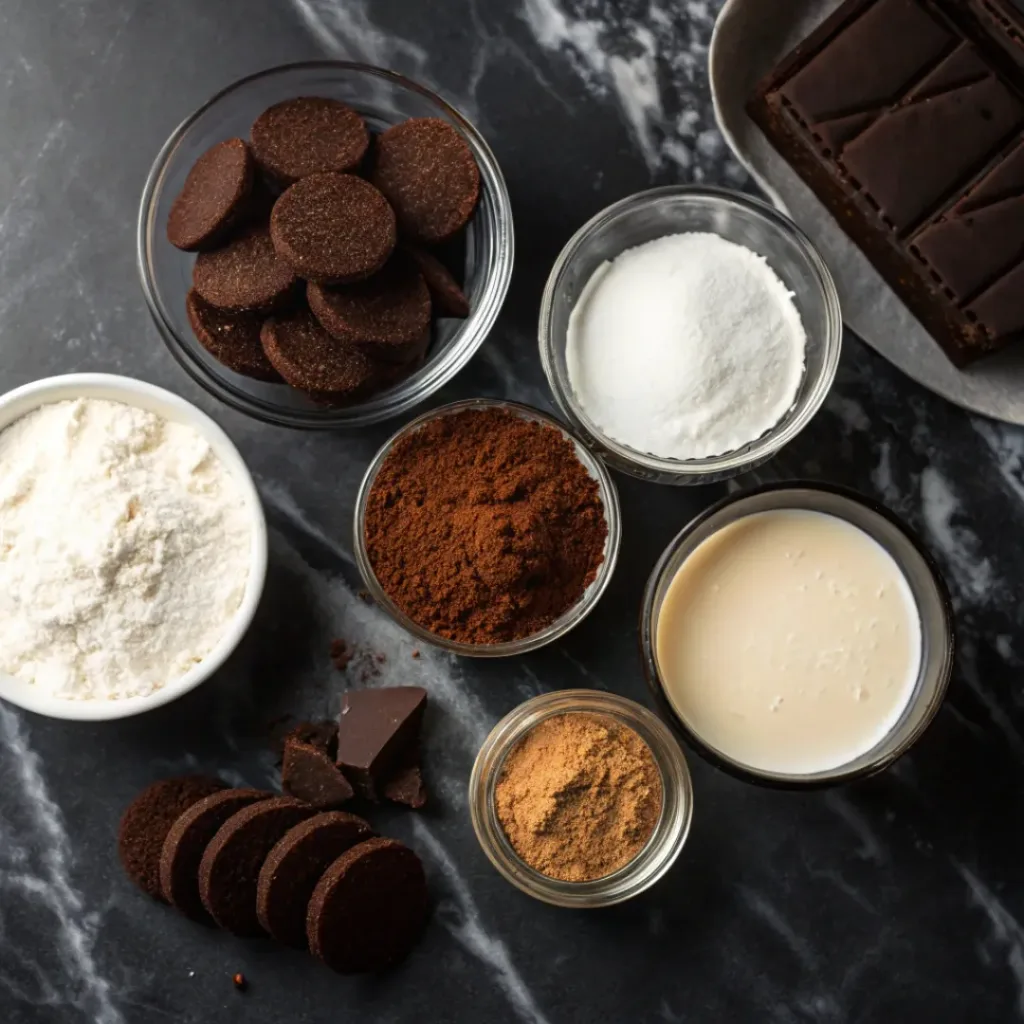 Flat lay of chocolate wafers, cream, cocoa powder, and dessert ingredients