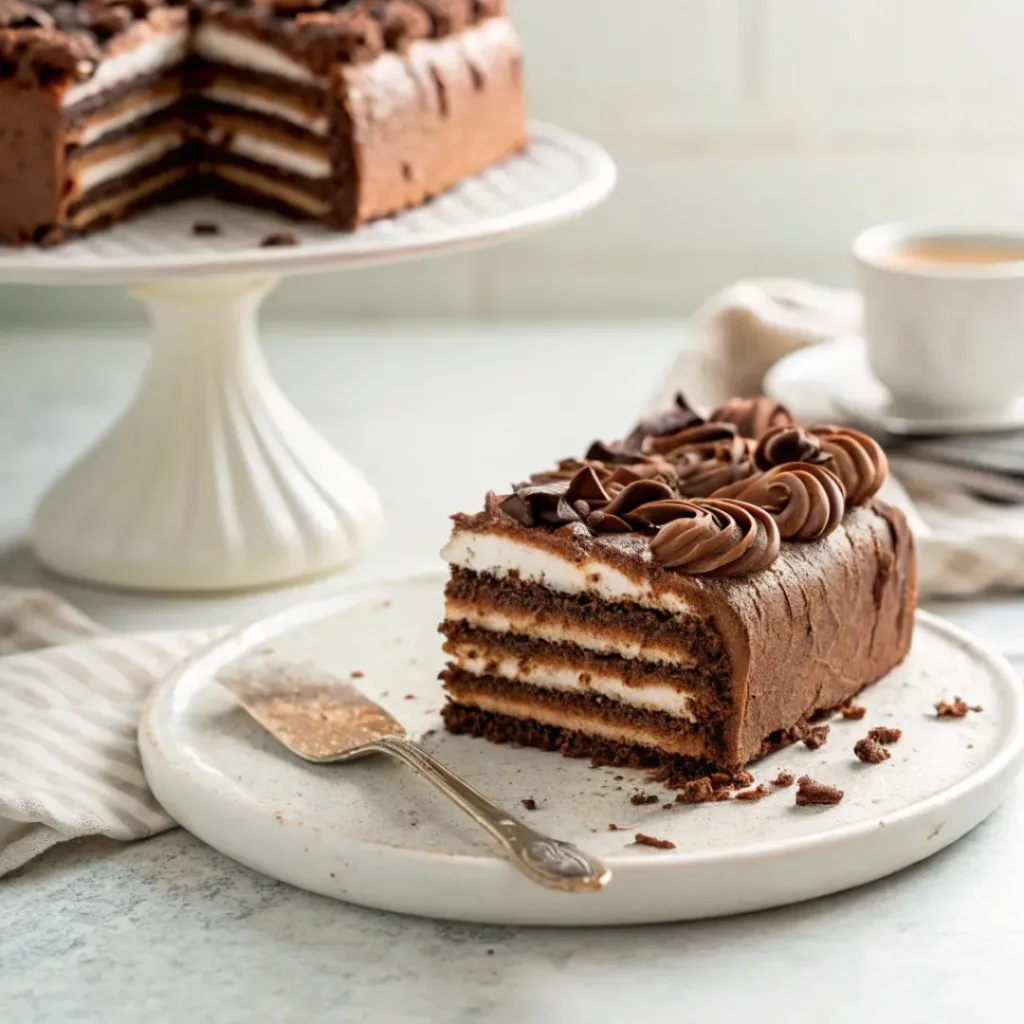 Chocolate icebox cake with layered wafers and whipped cream
