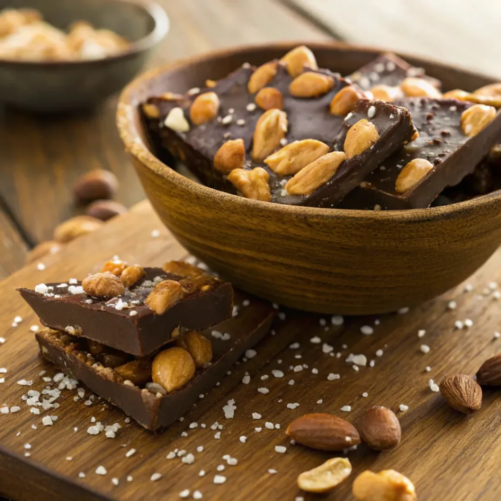 Crunchy peanut brittle coated with chocolate and sea salt