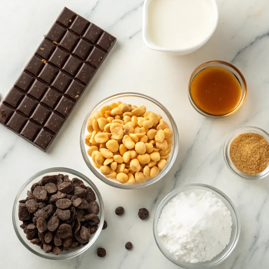 Flat lay of peanuts, chocolate, sugar, butter, and candy ingredients