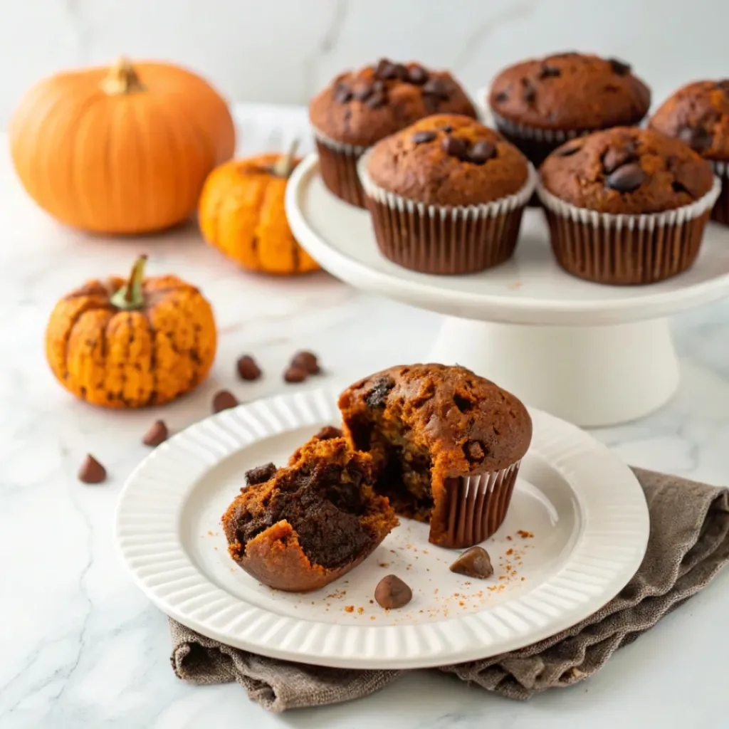 Home 8 Moist chocolate pumpkin muffins with rich cocoa flavor, pumpkin spice, and chocolate chips on a white plate.