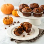 Moist chocolate pumpkin muffins with rich cocoa flavor, pumpkin spice, and chocolate chips on a white plate.