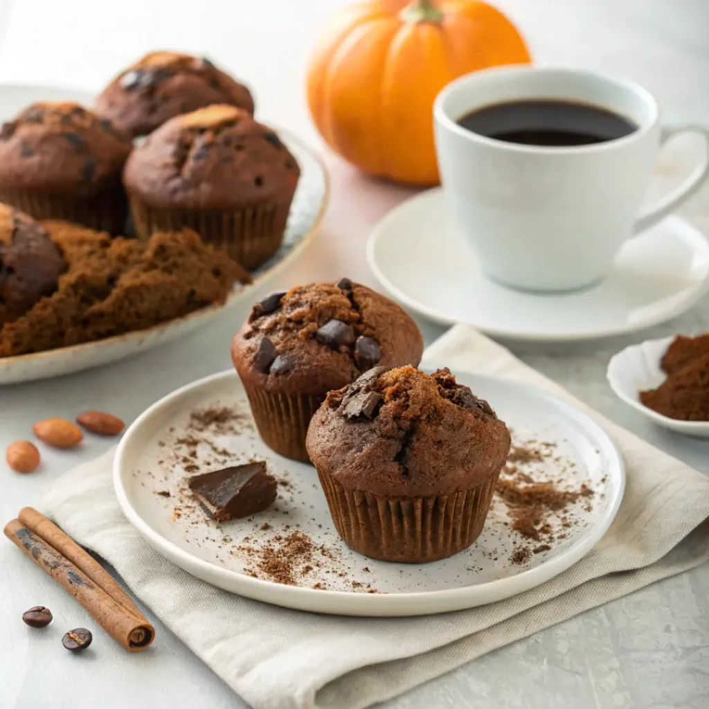 Chocolate Pumpkin Muffins - Fluffy Moist Autumn Bakery Treats 8 Chocolate pumpkin muffins with chocolate chips served with coffee and pumpkin spice for a cozy fall treat.