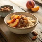 Quinoa breakfast bowl topped with cinnamon peaches and nuts