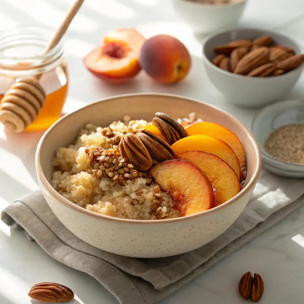 Healthy quinoa bowl with peaches, cinnamon, nuts, and honey