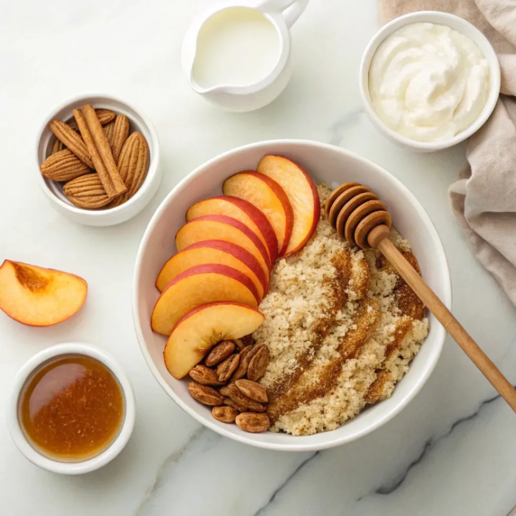 Flat lay of quinoa, peaches, cinnamon, nuts, and honey
