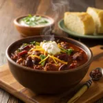 Hearty beef chili with beans, cheese, and sour cream