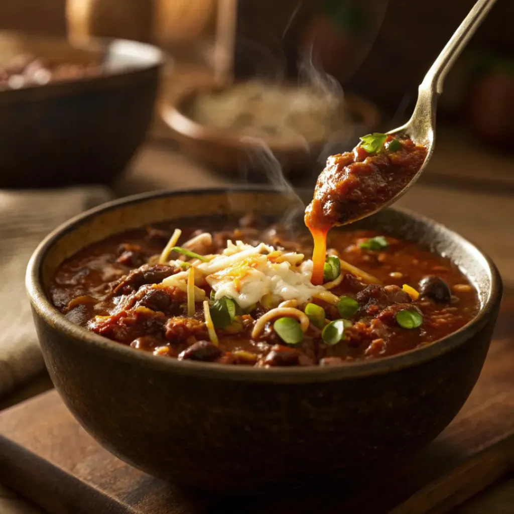 Classic Chili – Hearty, Comforting & Flavor-Packed One-Pot Meal 8 Thick beef chili with beans, cheese, and sour cream topping