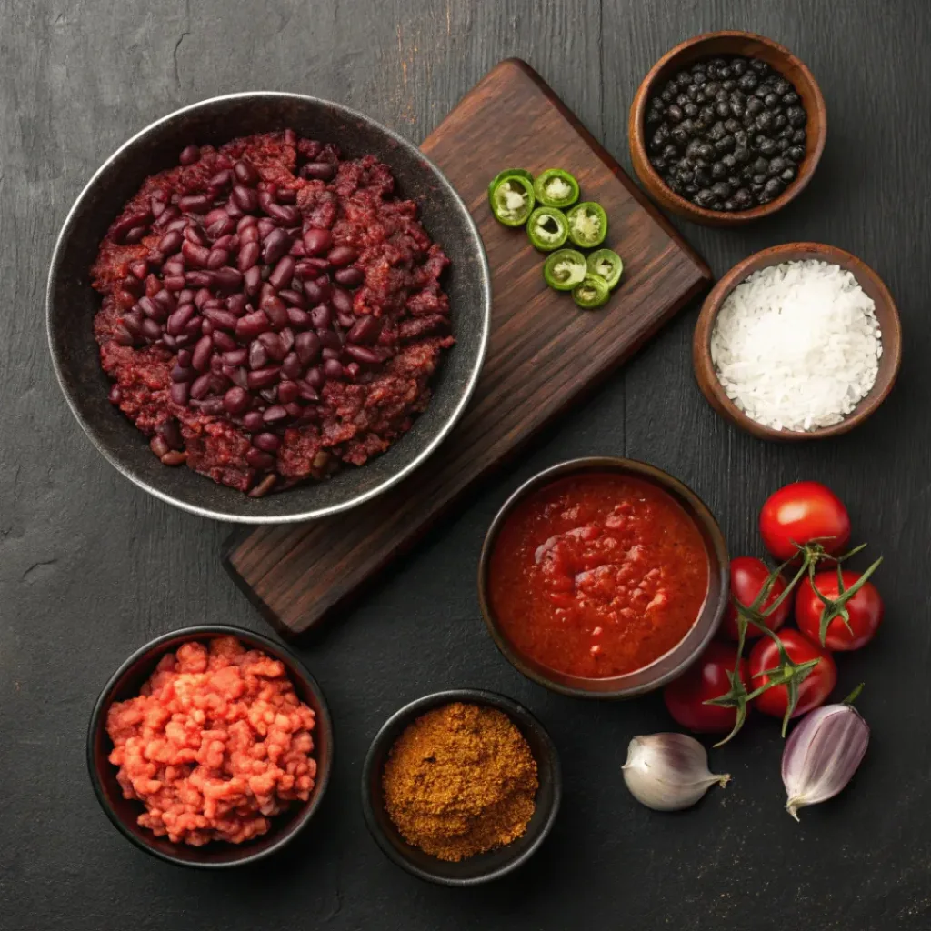 Classic Chili – Hearty, Comforting & Flavor-Packed One-Pot Meal 6 Flat lay of beef, beans, tomatoes, and chili spices