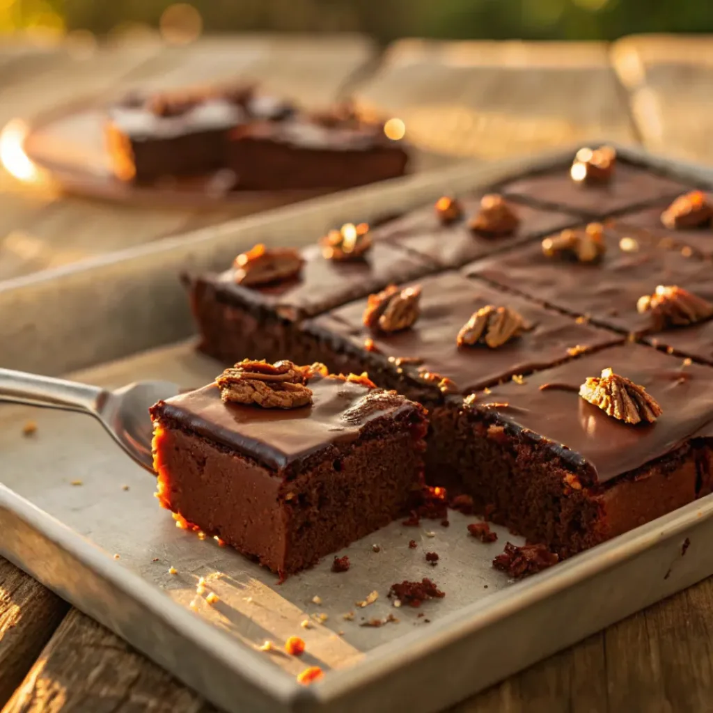 Texas sheet cake squares with chocolate frosting and pecans