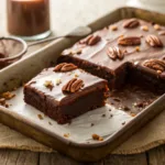 Chocolate Texas sheet cake with glossy frosting and pecans