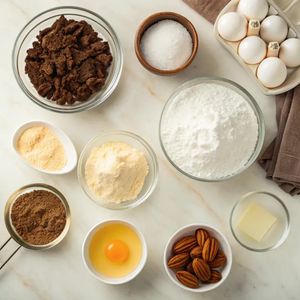 Flat lay of cocoa powder, butter, eggs, flour, and pecans