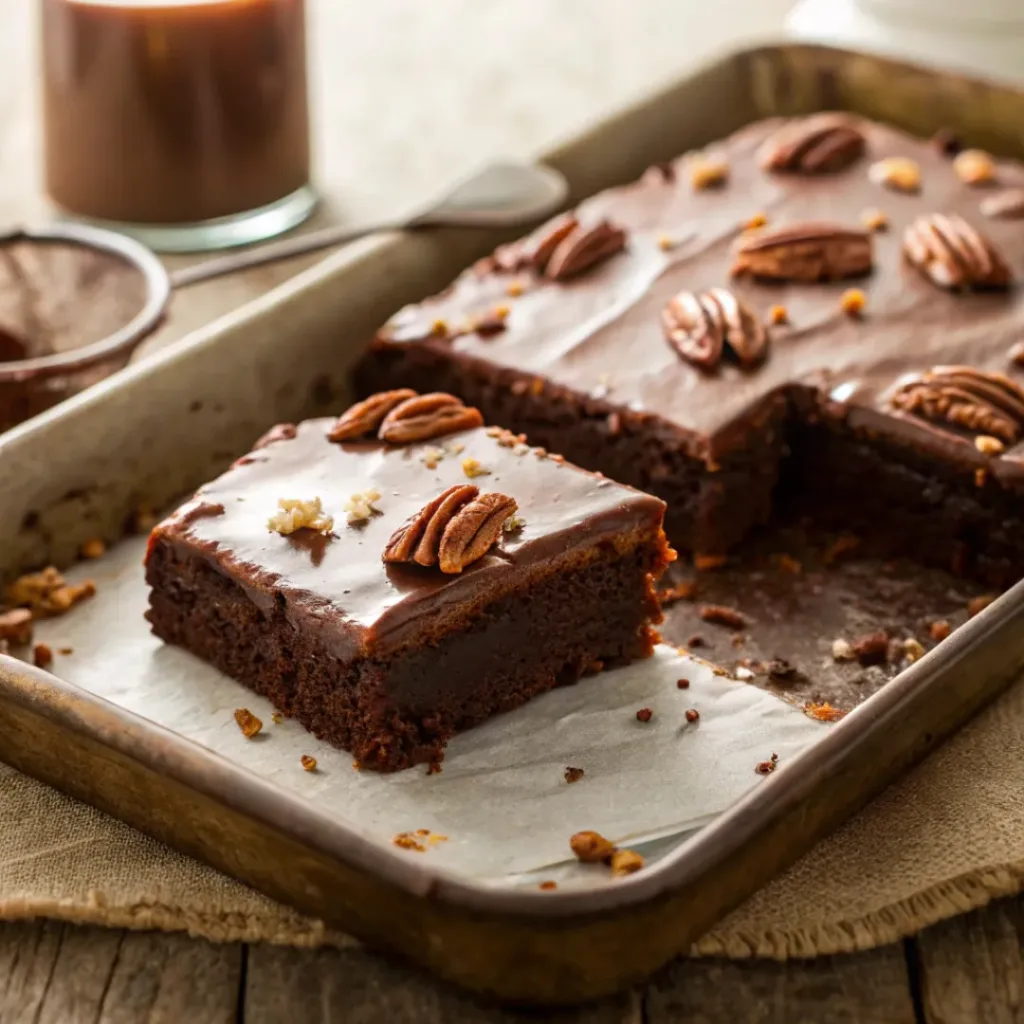Home 6 Chocolate Texas sheet cake with glossy frosting and pecans