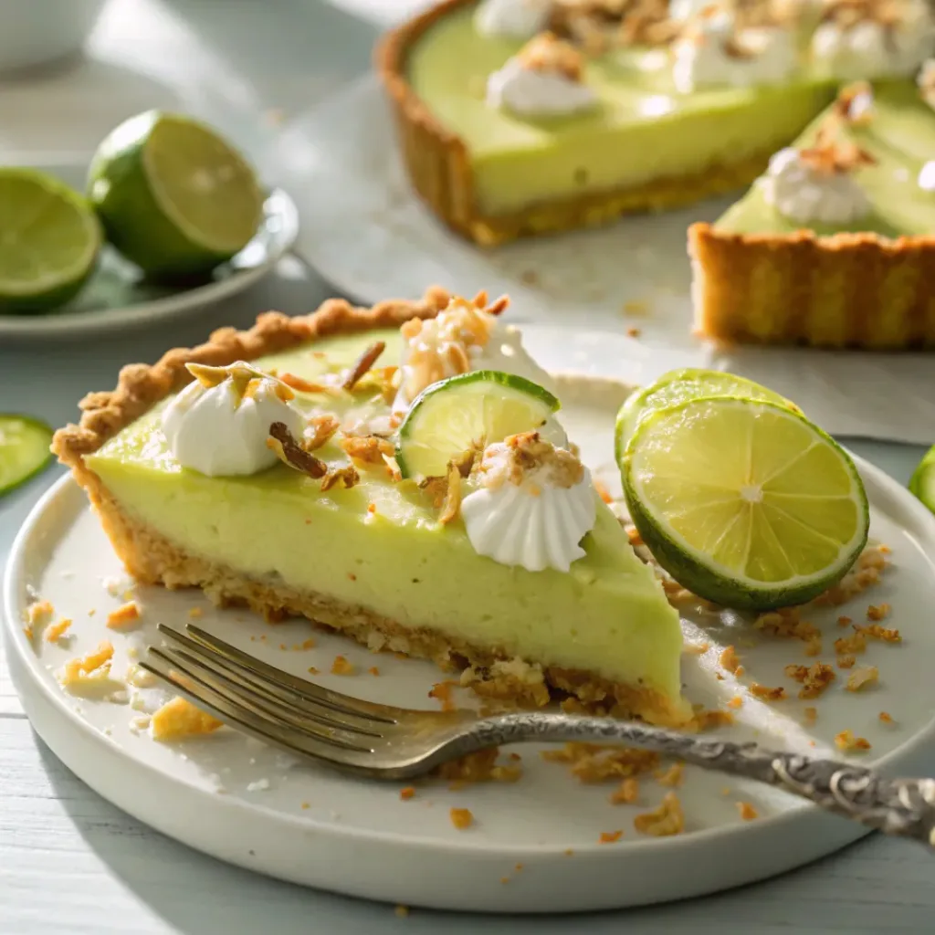 Slice of coconut lime tart with creamy lime curd and coconut crust
