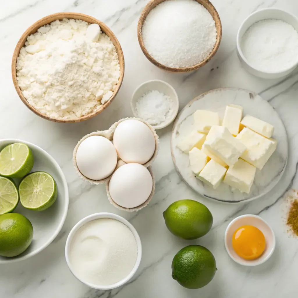 Flat lay of limes, coconut, eggs, butter, and tart ingredients