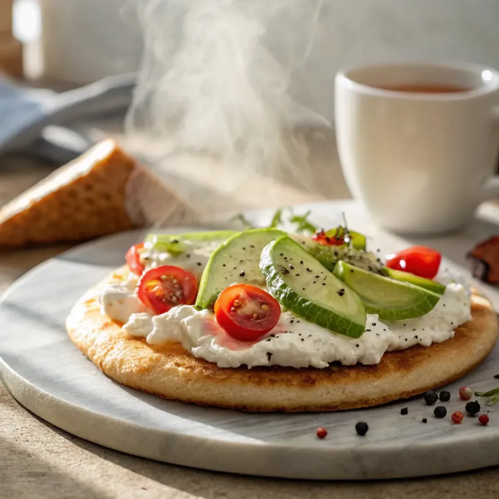 Flatbread with cottage cheese spread and fresh vegetable toppings
