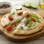 Flatbread topped with cottage cheese, herbs, and fresh vegetables