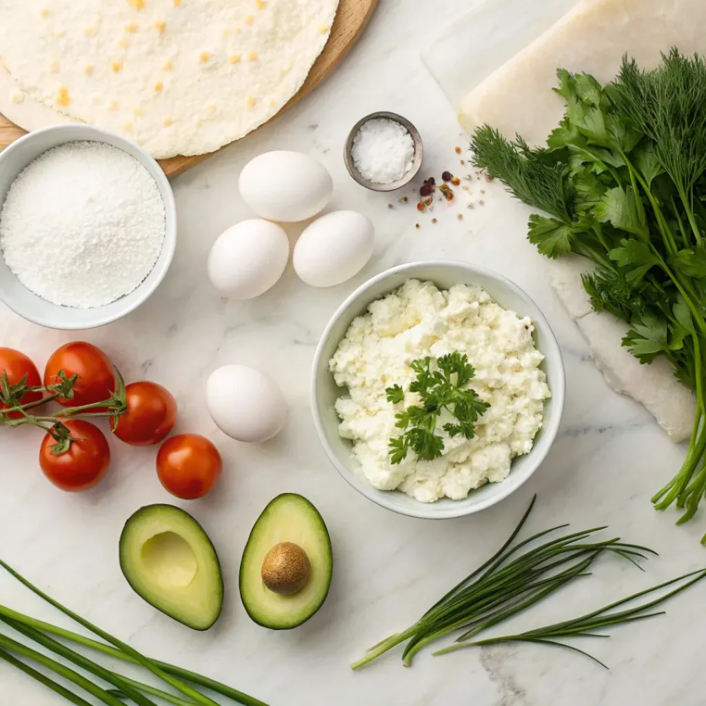 Flat lay of flour, cottage cheese, eggs, herbs, and fresh toppings