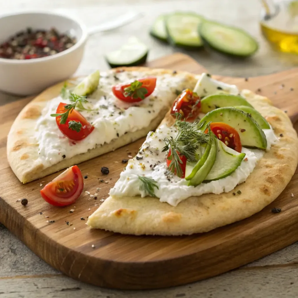 Flatbread topped with cottage cheese, herbs, and fresh vegetables