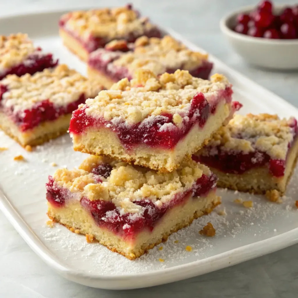 Home 8 Cranberry crumb bars with a buttery golden topping and bright cranberry filling, sliced on a white plate.
