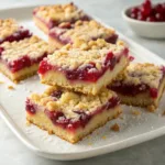 Cranberry crumb bars with a buttery golden topping and bright cranberry filling, sliced on a white plate.