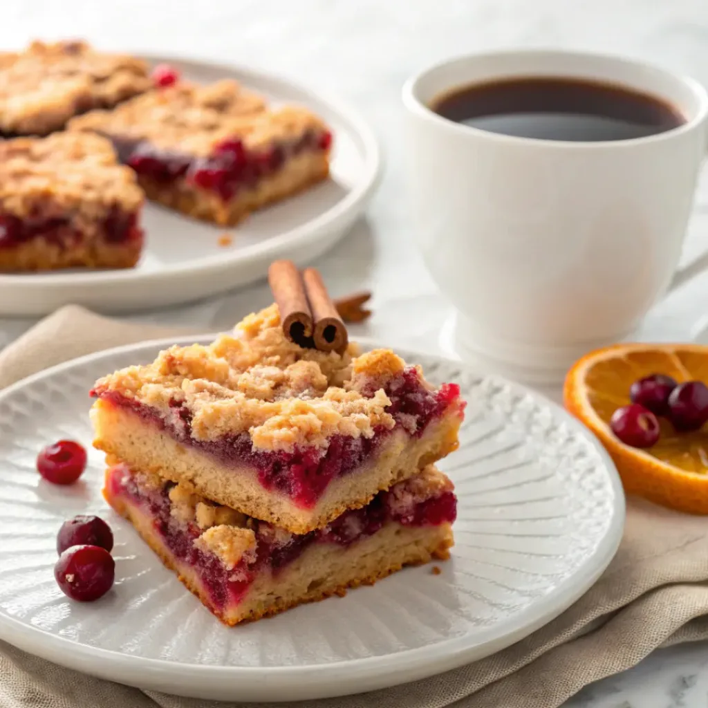 Cranberry crumb bar served with coffee, powdered sugar, fresh cranberries, and a golden buttery crumb topping.