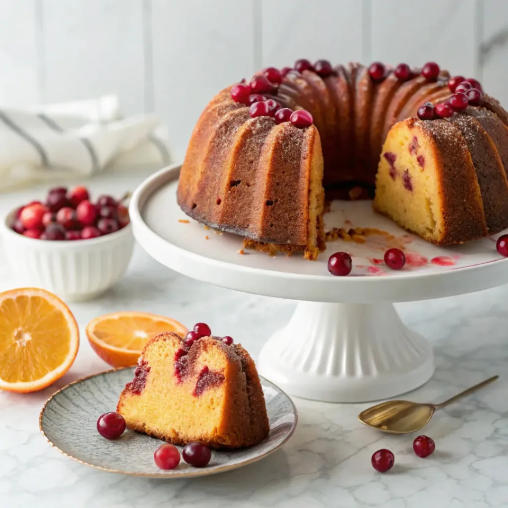 Cranberry orange bundt cake with fresh cranberries, orange glaze, and a golden moist crumb.