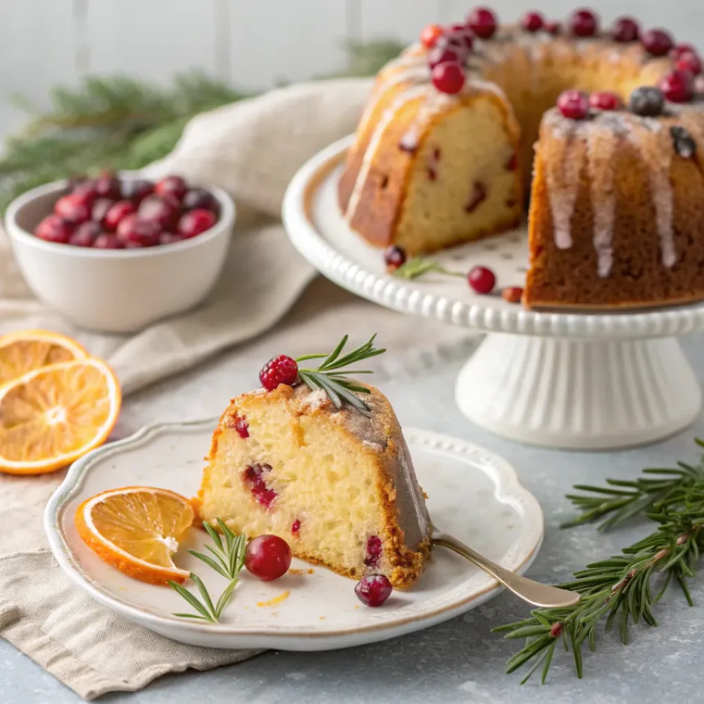 Slice of cranberry orange bundt cake with citrus glaze, fresh cranberries, orange zest, and warm tea.